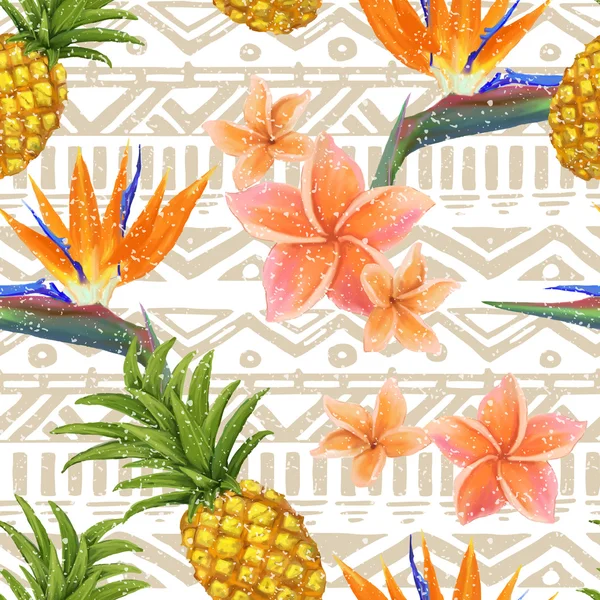 tropikal egzotik çiçekler ve ananas sorunsuz kabile arka planda vektör