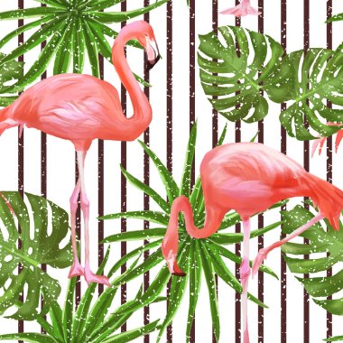 Seamless pattern with flamingo birds and palm leaves clipart