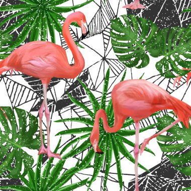 Flamingo kuşları ve palmiye yaprakları ile Seamless Modeli