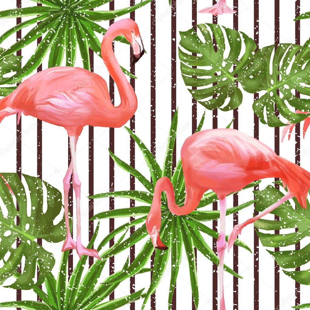 Seamless pattern with flamingo birds and palm leaves