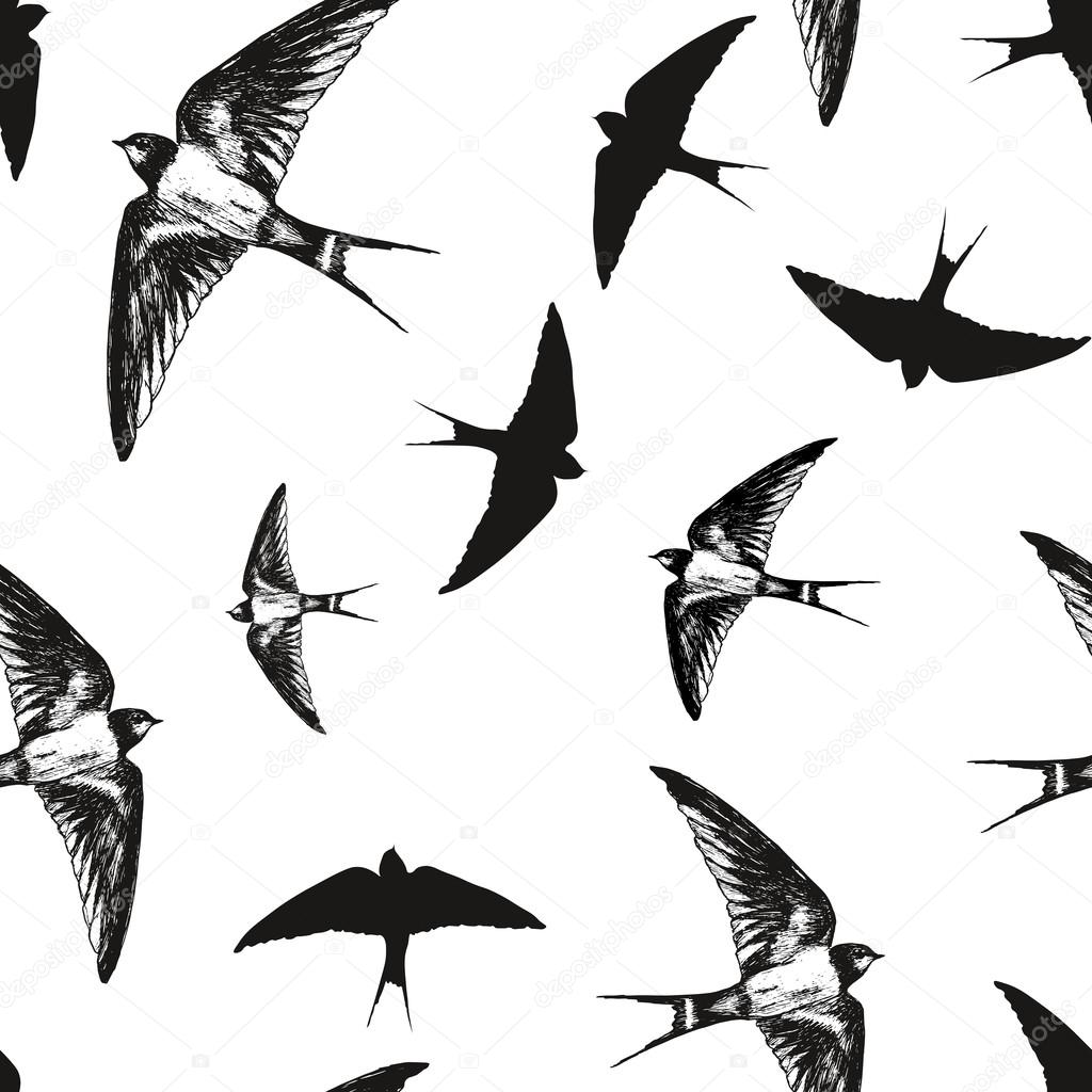 Flying birds black and white pattern, vector