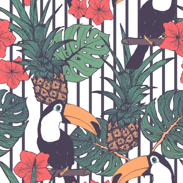 Toucans ananas ve vektör tropikal yaprak ile Seamless Modeli