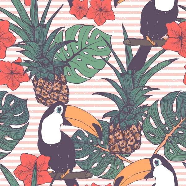 Toucans ananas ve vektör tropikal yaprak ile Seamless Modeli