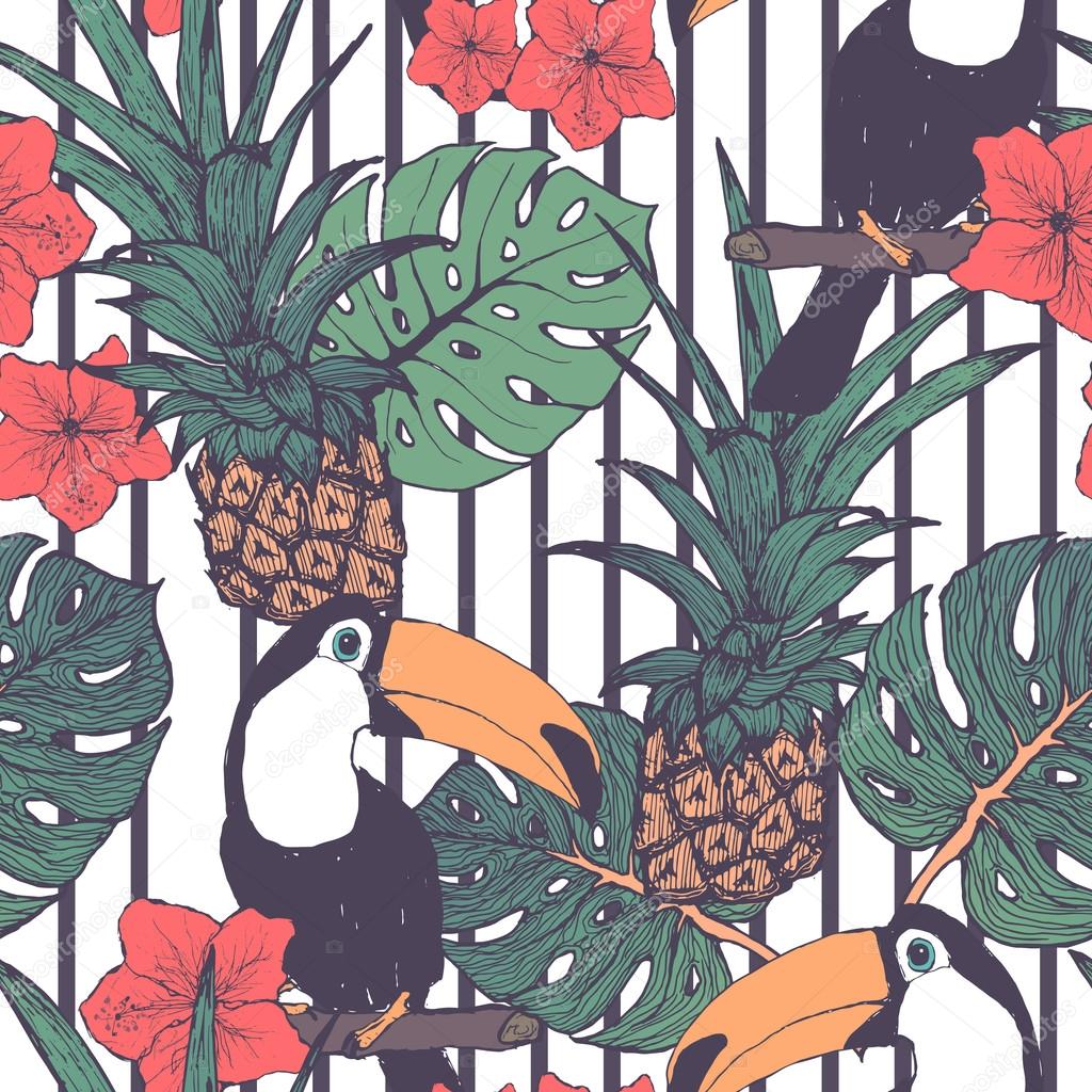 Seamless pattern with toucans pineapple and tropical leaves in vector