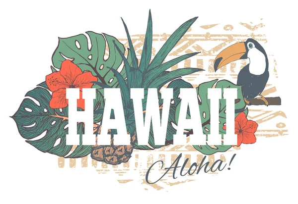 Vintage tropical exótico Hawaii print para camiseta con eslogan . — Vector de stock