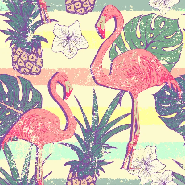 Modèle sans couture avec des oiseaux flamants roses et des ananas — Image vectorielle