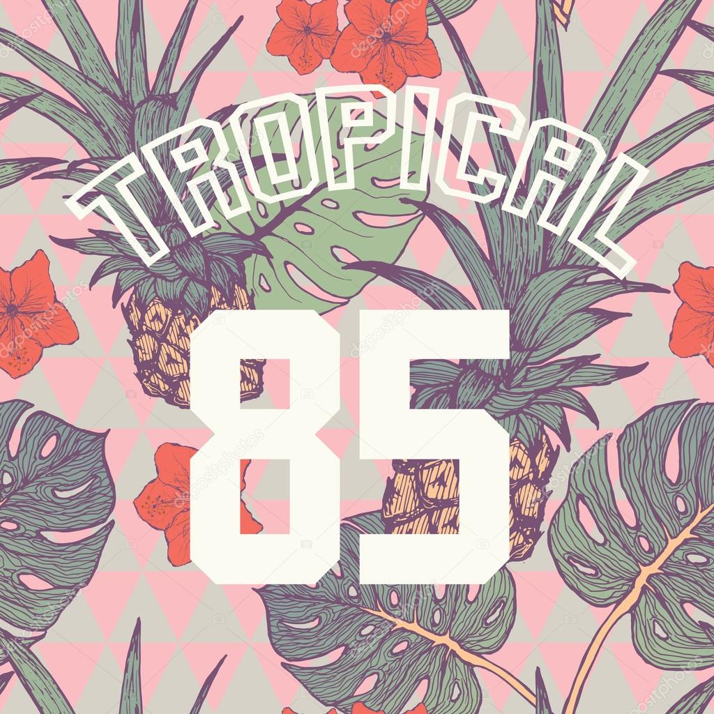 Tropical print with slogan and number in vector