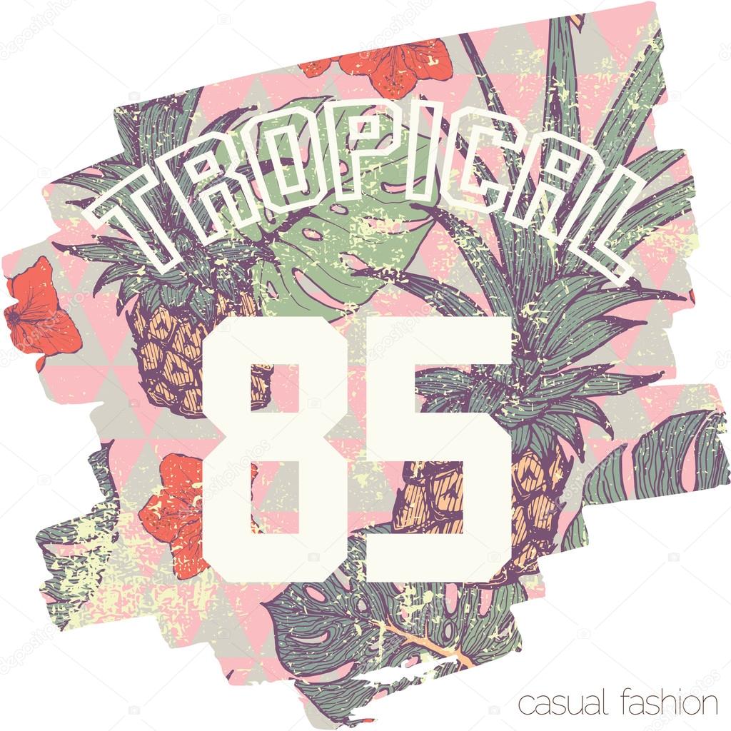Tropical print with slogan and number in vector