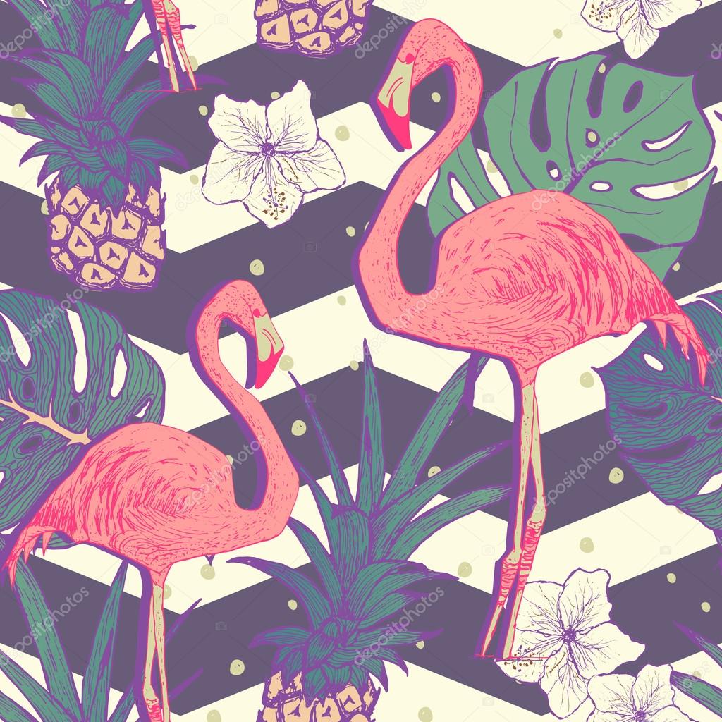 Seamless pattern with flamingo birds and pineapples