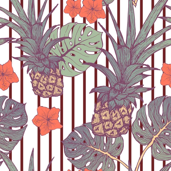 Seamless pattern with pineapple and tropical leaves in vector — Stock Vector