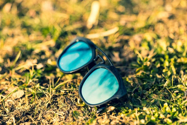 Güneşli bir günde çimlerin üzerinde mavi lensli güneş gözlüğü modeli çekiliyor. Seçici odak