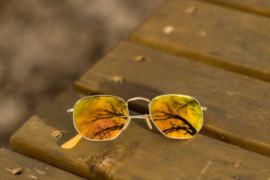 Güneşli bir günde dışarıda altın lensli klasik güneş gözlüğü modeli çekiliyor. Seçici odak