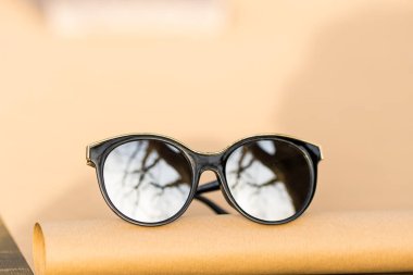 Güneşli bir günde dışarıda büyük yuvarlak gümüş lensleri ve siyah çerçeveli çekimleri olan bayanlar için moda kedi gözü güneş gözlüğü modeli. Seçici odak 