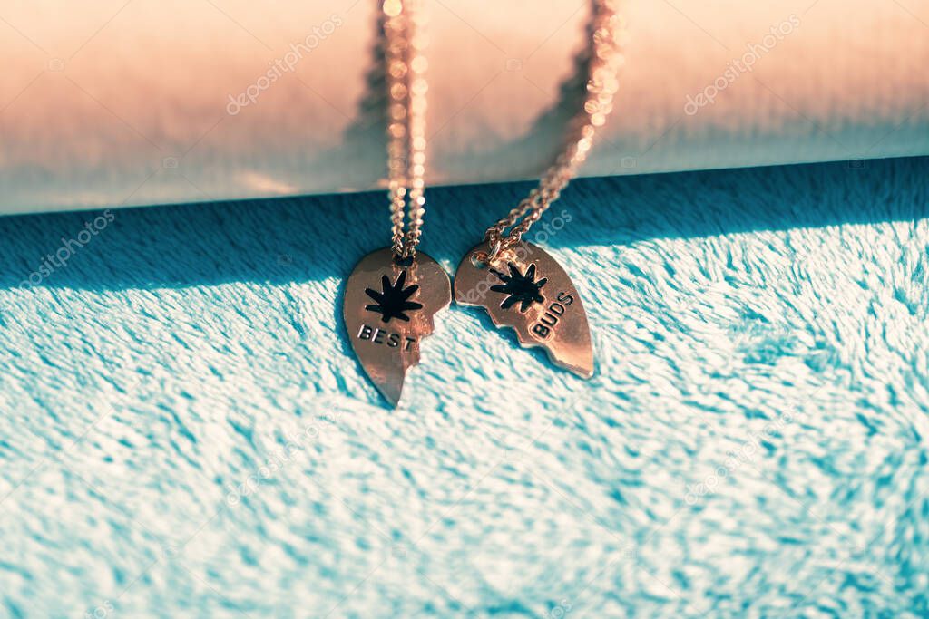 Set of best friends best buds heart necklace shoot outside in a summer day closeup. Selective Focus