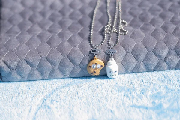 Ensemble de meilleurs amis cookie et pendentif collier de lait pousse à l'extérieur dans un gros plan jour d'été. Focus sélectif — Photo