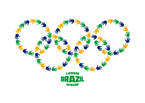 Ícone círculos com impressões de mão usando o Brasil 2016 cores da bandeira . — Vetor de Stock