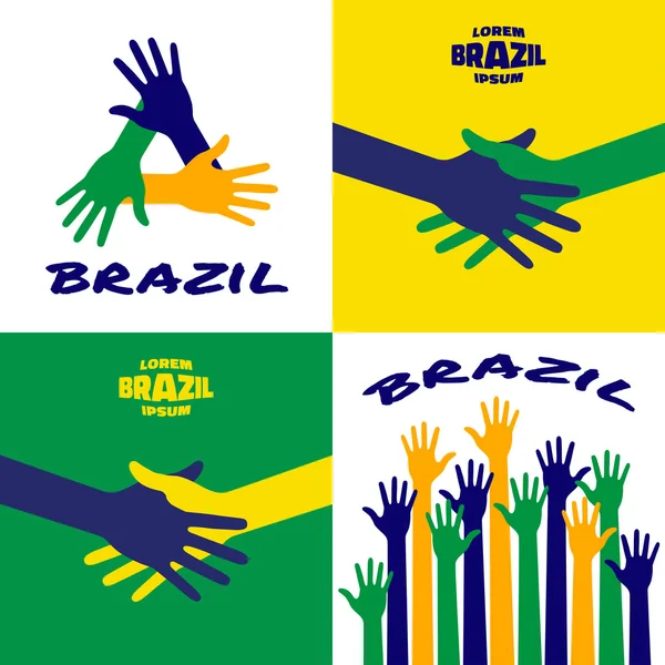 Verzameling van vector kleurrijke handen pictogrammen met behulp van Brazilië vlag kleuren — Stockvector