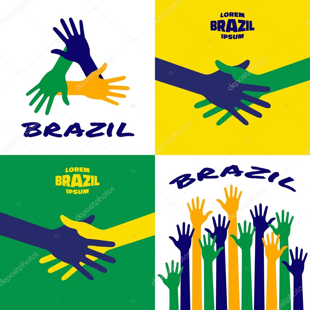 Set of colorful up hands icons using Brazil flag colors 2016. Hands vector Icon, logo, emblem using Brazil flag colors. Hand shake logo using Brazil background flag colors. Vector illustration.
