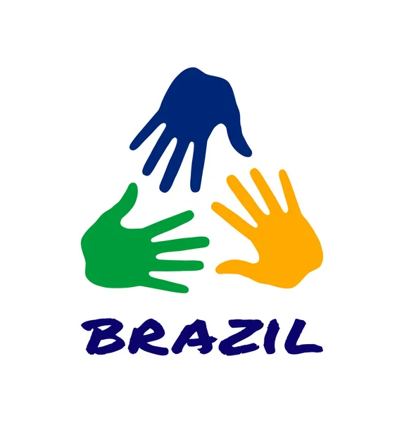 Kleurrijke drie hand print pictogram met behulp van Brazilië vlag kleuren — Stockvector