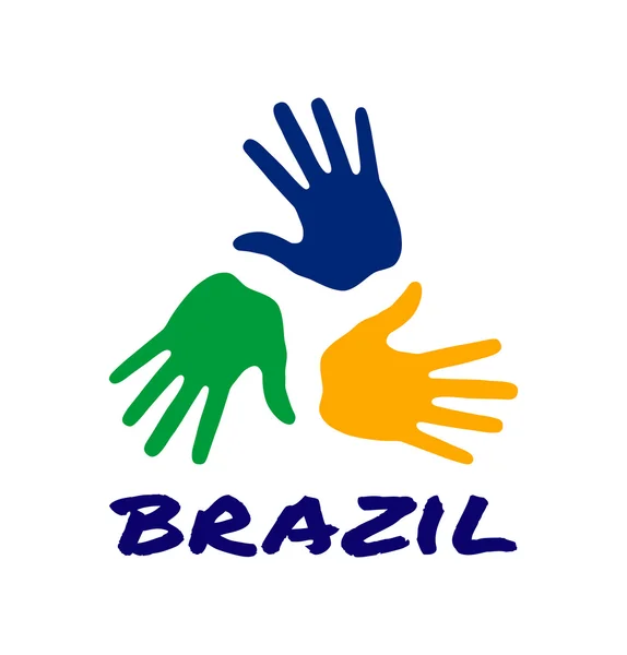 Kleurrijke drie hand print pictogram met behulp van Brazilië vlag kleuren — Stockvector