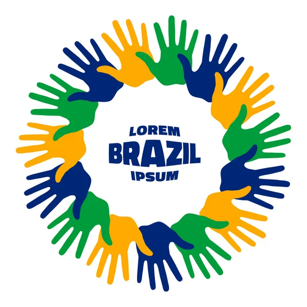 Kleurrijke vijftien hand print logo met behulp van Brazilië vlag kleuren. — Stockvector