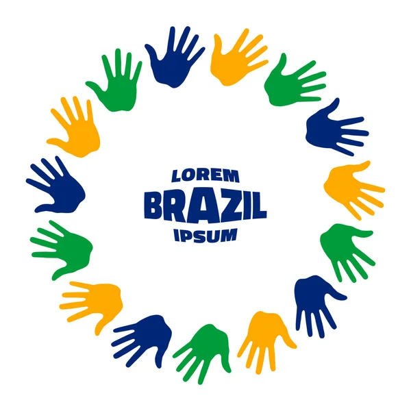 Logotipo de impressão colorida de quinze mãos usando cores de bandeira do Brasil . —  Vetores de Stock
