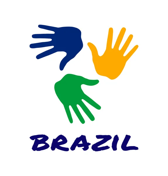 Tři barevné ruce ikonu tisku pomocí barev vlajky Brazílie. — Stockový vektor