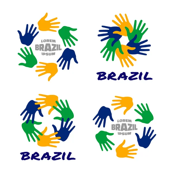 Set of colorful hand print icons using Brazil flag colors. — Stock Vector