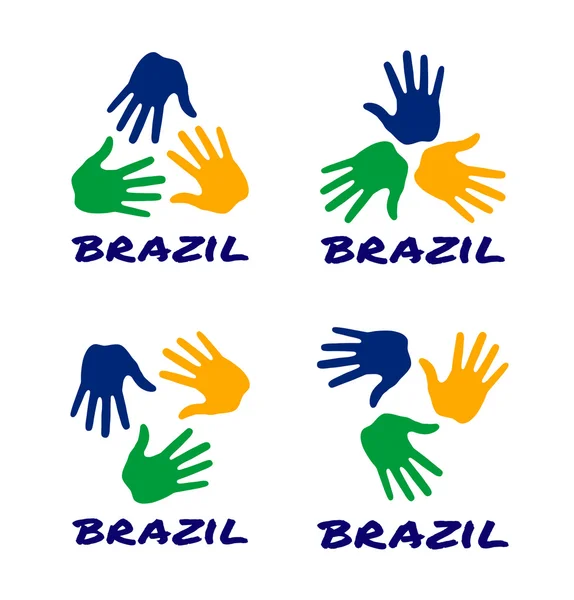 Set van kleurrijke hand print pictogrammen met behulp van Brazilië vlag kleuren. — Stockvector