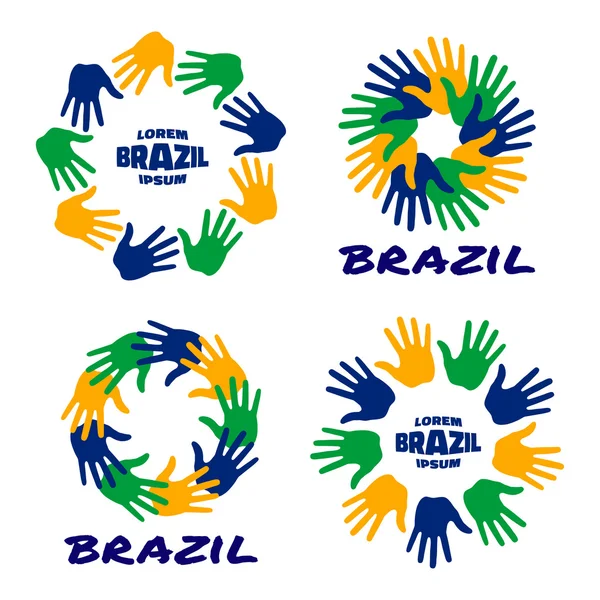 Conjunto de iconos de impresión a mano coloridos usando colores de bandera de Brasil . — Vector de stock