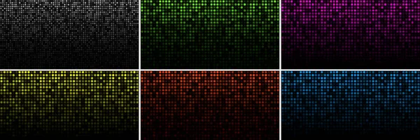 Uppsättning färgglada teknik horisontella lysande bakgrunder. Gradient grå digital glöd pixel cirkel struktur mönster. Vektorillustration. — Stock vektor