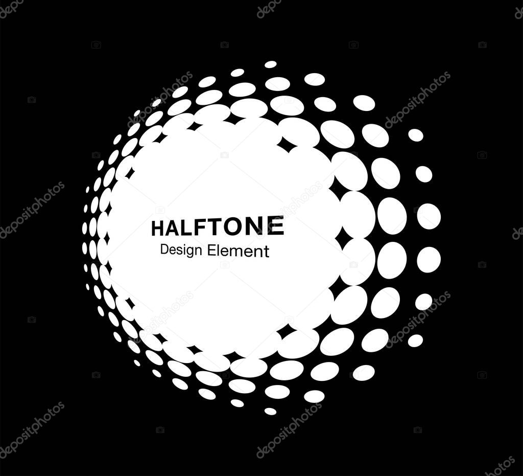White halftone circle perspective frame abstract dots logo emblem design element for technology, medical, treatment, cosmetic. Round border Icon using halftone circle dots raster texture. Vector.