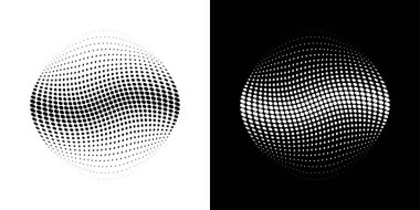 Yarım ton bozan top. Çember 3 boyutlu küre. Tıbbi, tedavi ve kozmetik için logo amblemi tasarımı. Yarım ton daire şeklinde noktalar kullanan dünya simgesi. Vektör illüstrasyonu.