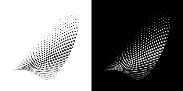 Halftone círculo puntos curvado gradiente textura fondo. logotipo 3d. Emblema de la curva punteada usando el patrón de medio tono círculo punto raster textura. Vector blot medio tono. — Vector de stock