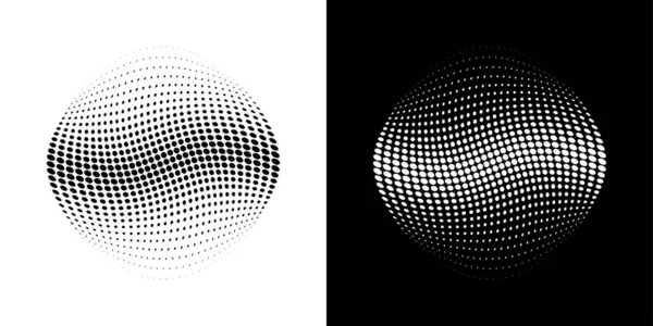 Halftone distorsionó la bola. Esfera círculo puntos 3d. Logo elemento de diseño de emblema para médicos, tratamiento, cosméticos. Icono de globo usando puntos de círculo de medio tono textura raster. Ilustración vectorial. — Archivo Imágenes Vectoriales