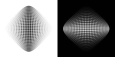 Yarım tonluk daire eğimli doku arkaplanı. Üç boyutlu logo. Yarım tonluk halka nokta raster dokusunu kullanarak benekli amblem. Vektör lekesi yarım ton.