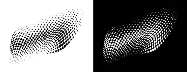 Halftone círculo puntos curvado gradiente textura fondo. logotipo 3d. Emblema de la curva punteada usando el patrón de medio tono círculo punto raster textura. Vector blot medio tono. — Vector de stock