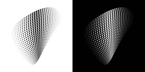 Halftone circle dots curved gradient texture background. 3d logo. Curve dotted emblem using halftone pattern circle dot raster texture. Vector blot half tone. — Stock Vector