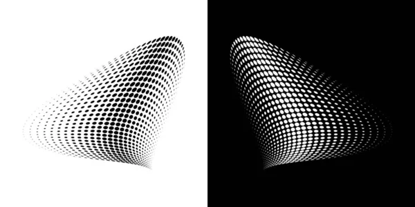 Halftone κύκλο κουκκίδες καμπυλωτή κλίση υφή φόντο. 3d λογότυπο. Καμπύλη διακεκομμένη έμβλημα χρησιμοποιώντας μισό μοτίβο μοτίβο κύκλο κουκκίδα υφή ράστερ. Διανυσματική κηλίδα μισού τόνου. — Διανυσματικό Αρχείο