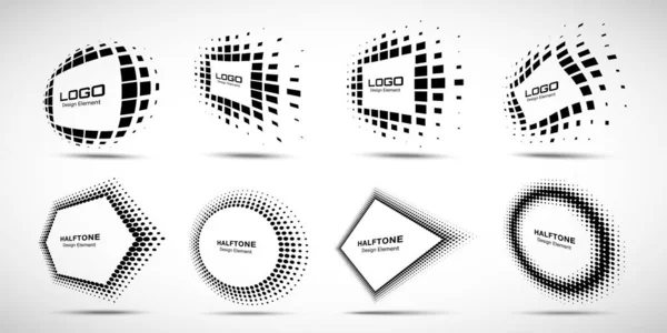 Ramka perspektywy logo. Abstrakcyjne prostokąty symbolizują element konstrukcyjny technologii. Zniekształcić ikonę granicy za pomocą półtonowych prostokąta kropki rastrowej tekstury. Wektor. — Wektor stockowy