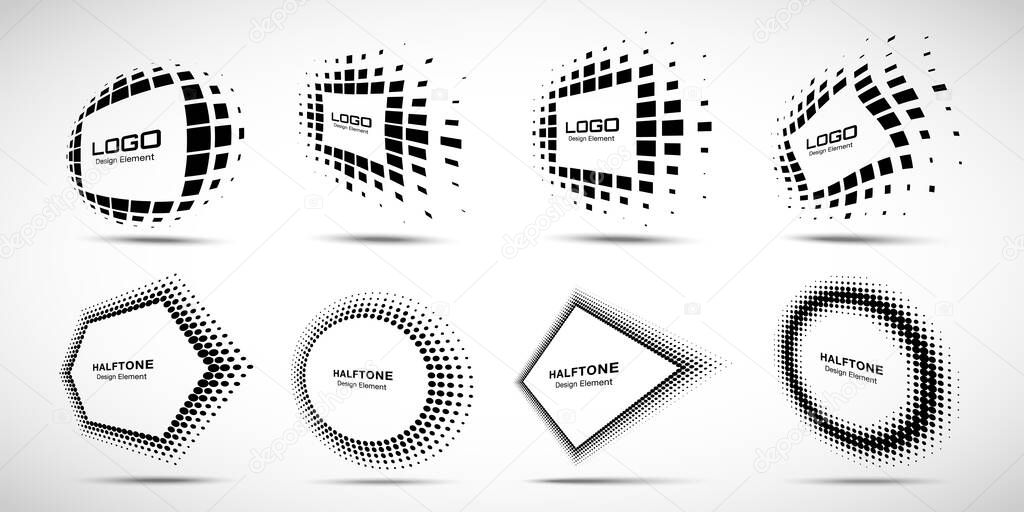 Logo perspective frame. Abstract rectangle dots emblem design element for technology. Distort border Icon using halftone rectangle dots raster texture. Vector.