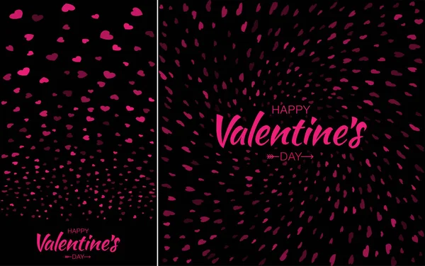 Conjunto de tarjetas de San Valentín. Pétalos de confeti corazón rosa cayendo sobre fondo negro. Plantilla de ducha nupcial. Fondo corazones de amor. Tarjeta de San Valentín. Ilustración vectorial — Vector de stock