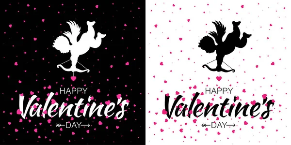 Silhouette de Cupidon avec arc et flèche et coeurs roses. Carte Saint-Valentin. Ange volant au cœur violet. Symbole Amour Amour pour la Saint Valentin, carte d'invitation de mariage. Bannière de Saint-Valentin. Vecteur — Image vectorielle