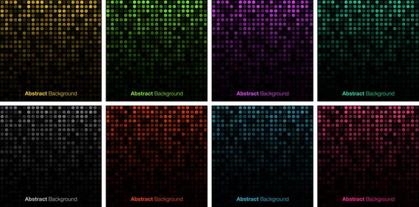 Abstract gradient glow circular dots background set. Glowing circle pixel pattern. Big data. Vector illustration. — Stock Vector