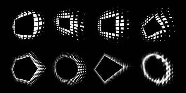 Λευκό πλαίσιο προοπτικής λογότυπο halftone. Αφηρημένο ορθογώνιο τελείες έμβλημα στοιχείο σχεδιασμού για την τεχνολογία. Παράμετρος περίγραμμα Εικονίδιο χρησιμοποιώντας μισό ορθογώνιο κουκκίδες υφή ράστερ. Διάνυσμα. — Διανυσματικό Αρχείο