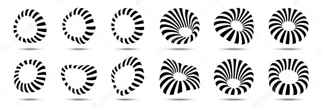 3d circular striped frames set. Three dimensional stripy distort shapes isolated on the white background. Logo design element for technology, medical. Round border using line stripes texture. Vector