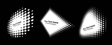 Beyaz yarım ton daire perspektif çerçevesi soyut noktalar logo amblemi tasarım elementi teknoloji, tıbbi, tedavi, kozmetik için. Yarım ton daire noktalarını kullanarak kenarlık simgesini yuvarla. Vektör.