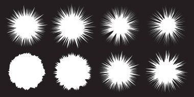 Beyaz Patlama ayarlandı. Yıldız koleksiyonu. Splash tasarım elementleri. Patlayan nesneler. Satış afişleri. Kaküller hazır. Vektör illüstrasyonu