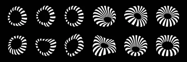 Conjunto de marcos de rayas circulares 3d blancos. Rayas tridimensionales distorsionan las formas. Elemento de diseño de logotipo para la tecnología, médico. Borde redondo con textura de rayas de línea. Vector — Vector de stock