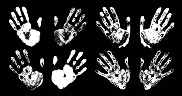 Set de impresión de mano blanca. Impresión de una mano humana. Impresión de la palma. Color negro. Ilustración de grunge vectorial. — Vector de stock